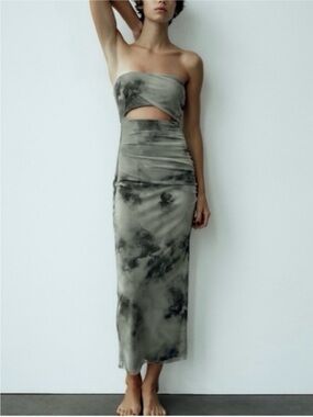 Zara Strapless Olive Green Tie-Dye Cutout Tulle Midi Dress